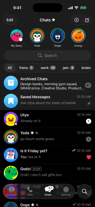 Grayscale Telegram theme iOS Chats screenshot